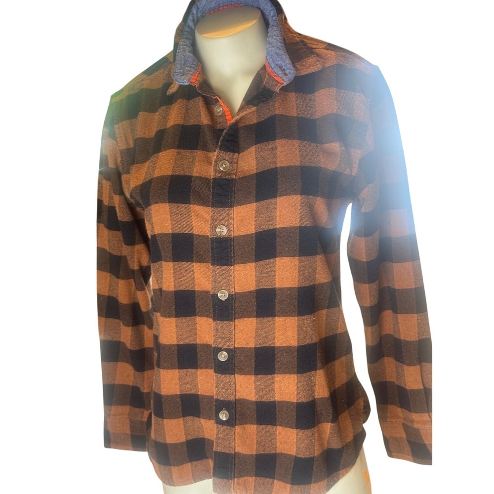 Hudson & Barrow Mens Small Flannel Shirt Orange Black Buffalo Plaid Cotton LS
